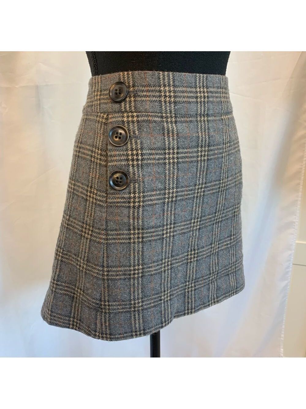 GAP gray brown wool plaid check button detail miniskirt Sz 8 - Picture 5 of 14